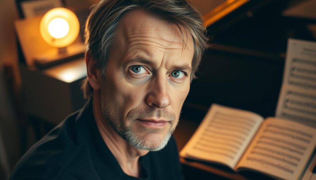 A focused headshot portrait of Dutch composer and pianist Mike Schonewille, illuminated by warm, soft lighting that accentuates his thoughtful expression and the piano keys in the background. The image has a shallow depth of field, placing the subject in sharp focus while gently blurring the musical scores and instruments surrounding him, creating a sense of artistic introspection. The scene evokes a serene, contemplative atmosphere, capturing the essence of the "Over de auteur" section on Mike's musical journey and expertise.