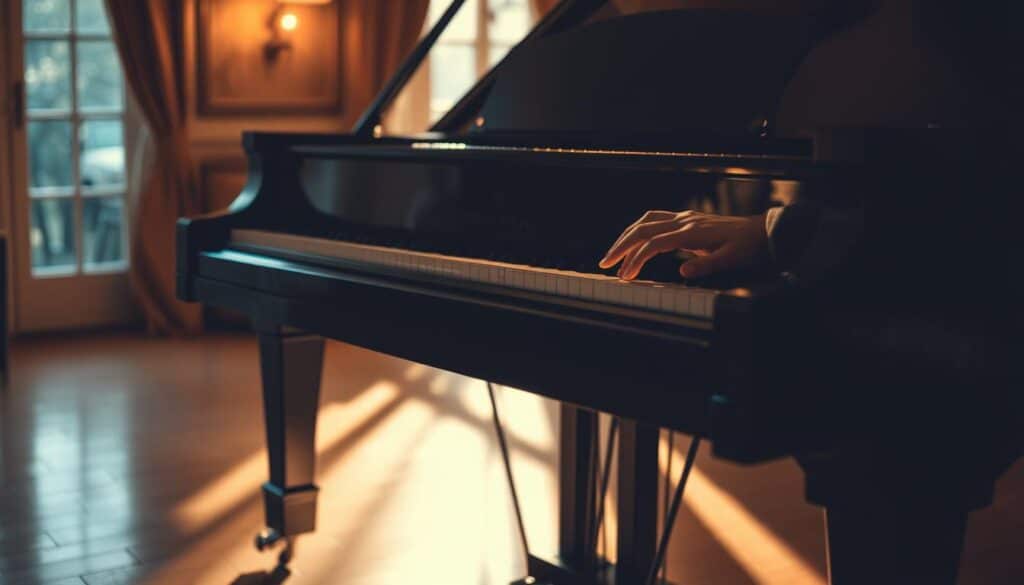 A grand piano centered in a well-lit, cozy interior. The pianist's hands resting gracefully on the keys, their posture upright and relaxed. Soft, warm lighting illuminates the scene, casting gentle shadows and highlighting the pianist's focused expression. The piano's polished surface reflects the surrounding environment, creating a sense of depth and atmosphere. The pedals are clearly visible, inviting the viewer to imagine the pianist skillfully using them to control the instrument's dynamics. An air of tranquility and concentration pervades the scene, embodying the essence of comfortable and mindful piano playing.