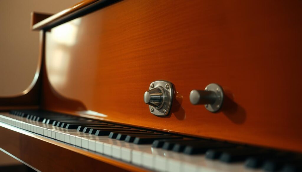A grand piano, its sleek wooden body glistening under soft, warm lighting. The focus is on the pedal assembly, with the three pedals - sustain, sostenuto, and una corda - prominently displayed. The pedals are intricately detailed, their metallic surfaces reflecting the light, inviting the viewer to examine their function and purpose. The piano is set against a muted, blurred background, allowing the pedals to stand out and command attention. The overall mood is one of technical precision and musical expression, hinting at the importance of proper pedal technique in piano performance.