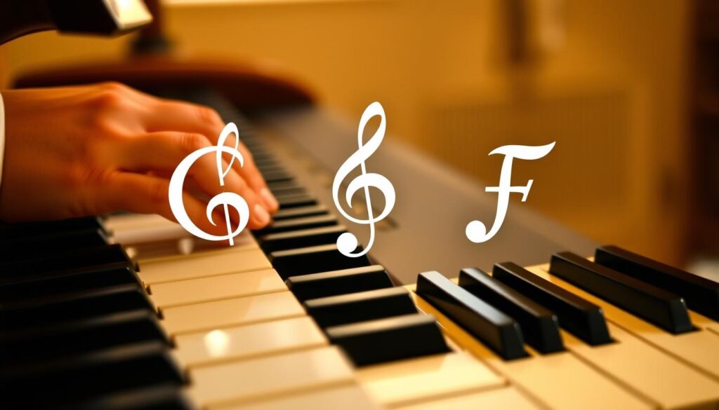 A grand piano keys in the foreground, with the G-clef and F-clef musical symbols prominently displayed in the center. The hands of a pianist are visible, delicately positioning their fingers on the keys, highlighting the coordination required to play both clefs simultaneously. The lighting is warm and natural, creating a serene, focused atmosphere. The piano is set against a softly blurred background, emphasizing the subject matter. The overall composition conveys the step-by-step progression of learning to read and apply musical notation during a piano lesson.