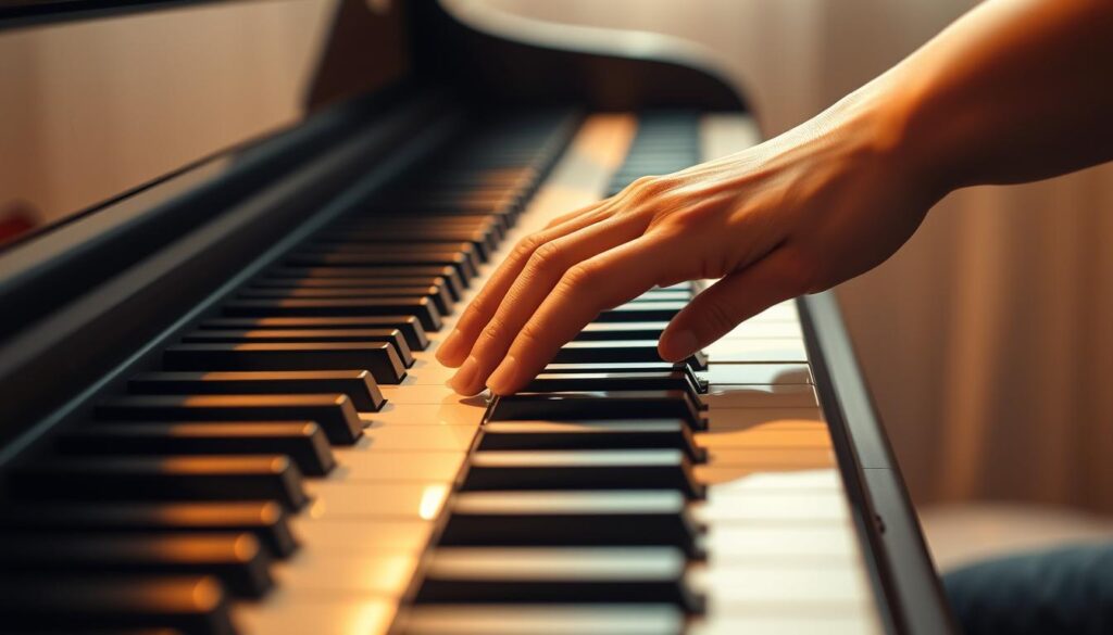 A grand piano keys stretching into the distance, forming a melodic ladder. The fingers of a pianist's hand gracefully dance across the ivories, each digit precisely placed for maximum control and dexterity. Warm, diffused lighting casts a soft glow, highlighting the intricate movements and the gentle curve of the pianist's wrist. The background fades into a hazy, ethereal space, allowing the focal point to be the pianist's hand and the piano keys - the essential tools for mastering the art of scales and finger exercises. The mood is one of focus, discipline, and the pursuit of musical mastery.