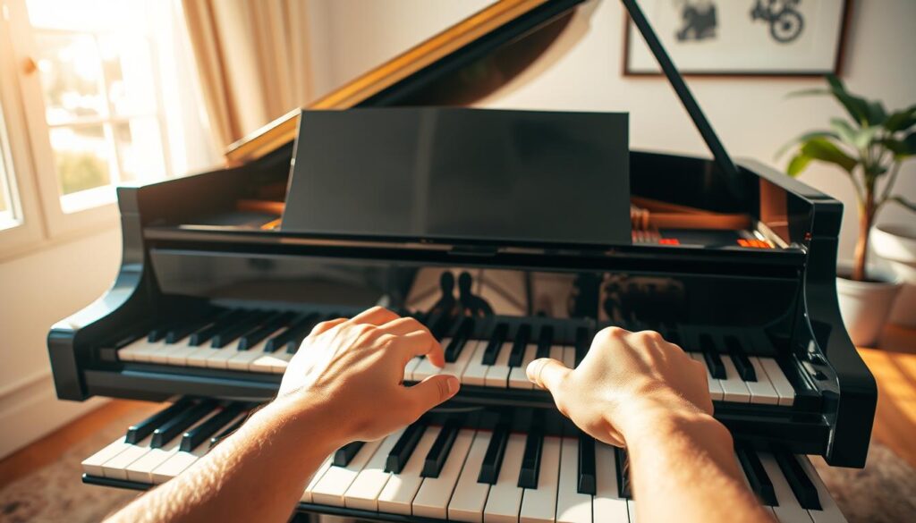 A grand piano nestled in a sunlit studio, its keys invitingly open, waiting for the touch of a pianist's fingers to begin improvising. The foreground features a pair of hands poised over the ivories, exuding a sense of anticipation and creative energy. The middle ground showcases the piano's sleek, polished lines, while the background depicts a cozy, inspirational setting with warm, diffused lighting and a harmonious color palette. This scene captures the essence of a beginner pianist embarking on the journey of piano improvisation, ready to explore the boundless possibilities of self-expression through music.