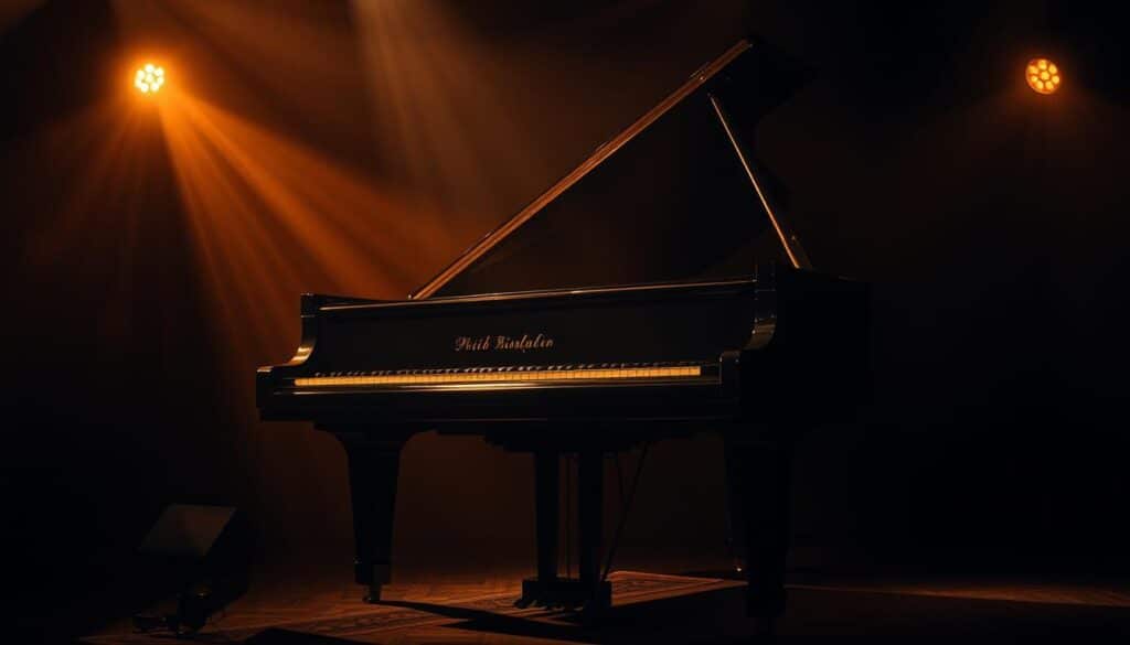 A grand piano positioned center stage, its sleek ebony finish gleaming under warm, dramatic lighting. Across the piano's keys, the player's hands deftly weave a tapestry of mystical, cascading chords - rich, resonant harmonies that transport the listener to a cinematic realm. The background is shrouded in moody shadows, allowing the piano and the performer's expressive movements to take center stage. The overall atmosphere is one of profound artistic exploration, where technical mastery blends seamlessly with emotive interpretation to captivate and inspire.
