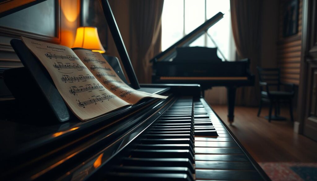 A grand piano positioned in a cozy, dimly-lit practice room. The instrument's rich, glossy black finish reflects the warm, ambient lighting from a single lamp in the corner. Intricate piano keys stretch across the foreground, inviting the viewer to envision a pianist's fingers dancing across them, exploring the art of improvisation. The mid-ground features a musician's sheet music, open to a page of complex, interlocking "akkoorden" or chords, hinting at the technical challenge and creative potential of the task at hand. In the background, a faint silhouette of a grand piano, symbolizing the journey of mastery that lies ahead for the aspiring improviser.