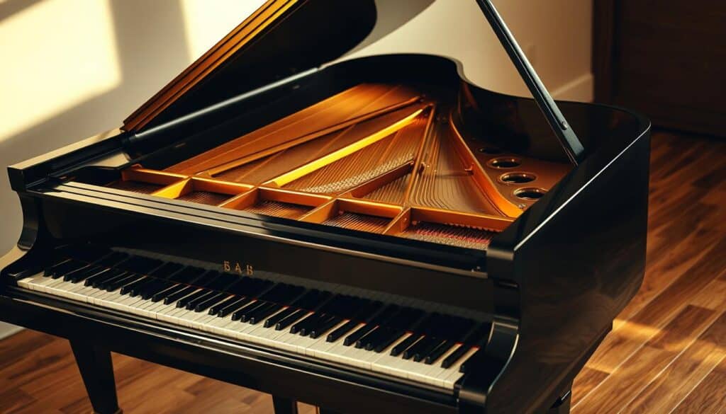 A grand piano resting on a hardwood floor, with the lid raised to reveal the intricately crafted strings and hammers within. The camera angles subtly from the side, capturing the elegant curvature of the instrument's design. Soft, directional lighting from an unseen source casts warm, golden hues across the polished ebony wood, creating a sense of depth and dimension. The piano's keyboard is prominently displayed, inviting the viewer to imagine the graceful movements of a pianist's hands as they transition seamlessly between chord inversions. The overall atmosphere evokes a serene, contemplative mood, perfectly suited to illustrate the "Piano akkoorden wisselen met omkeringen" section of the article.