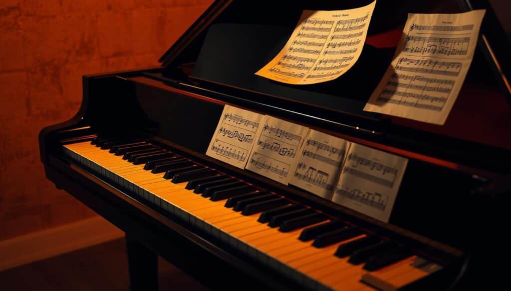 A grand piano set against a softly lit, textured studio backdrop. The keyboard is illuminated, revealing intricate chord shapes and scale patterns etched upon the keys. Sheets of sheet music flutter gently, showcasing musical notation for both chords and scales. Warm, directional lighting creates deep shadows and highlights the tactile nature of the piano, emphasizing its role as a tool for musical exploration and improvisation. The overall atmosphere is one of focused study and creative potential, inviting the viewer to envision themselves navigating the interplay of chords, scales, and spontaneous musical expression.