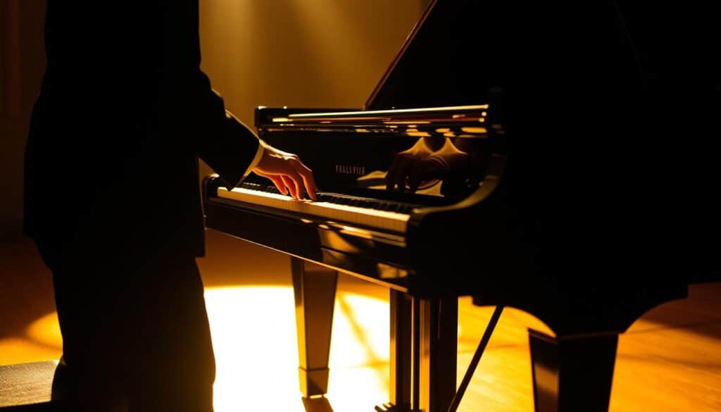 A grand piano sits at the center, its keys gleaming under soft, warm lighting. The pianist's hands move with fluid grace, their fingers dancing across the keys, conveying a sense of rhythmic vitality and expressive interpretation. The composition unfolds with a captivating cadence, the piano's resonance filling the intimate, well-lit performance space. Shadows and highlights interplay, creating a sense of depth and drama, as the pianist's body sways with the ebb and flow of the music. Warm, golden tones bathe the scene, evoking a mood of contemplative artistry and musical storytelling.