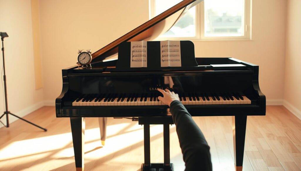 A grand piano sits center stage, illuminated by warm, natural lighting. On the music stand, a metronome ticks steadily, keeping time as a pair of hands meticulously practice a major scale up and down the keyboard. The player's focus is intense, their movements fluid and precise, building tempo gradually without any signs of tension. In the background, a serene, minimalist studio space provides a calming, distraction-free environment. The overall atmosphere is one of discipline, concentration, and the joy of musical exploration.