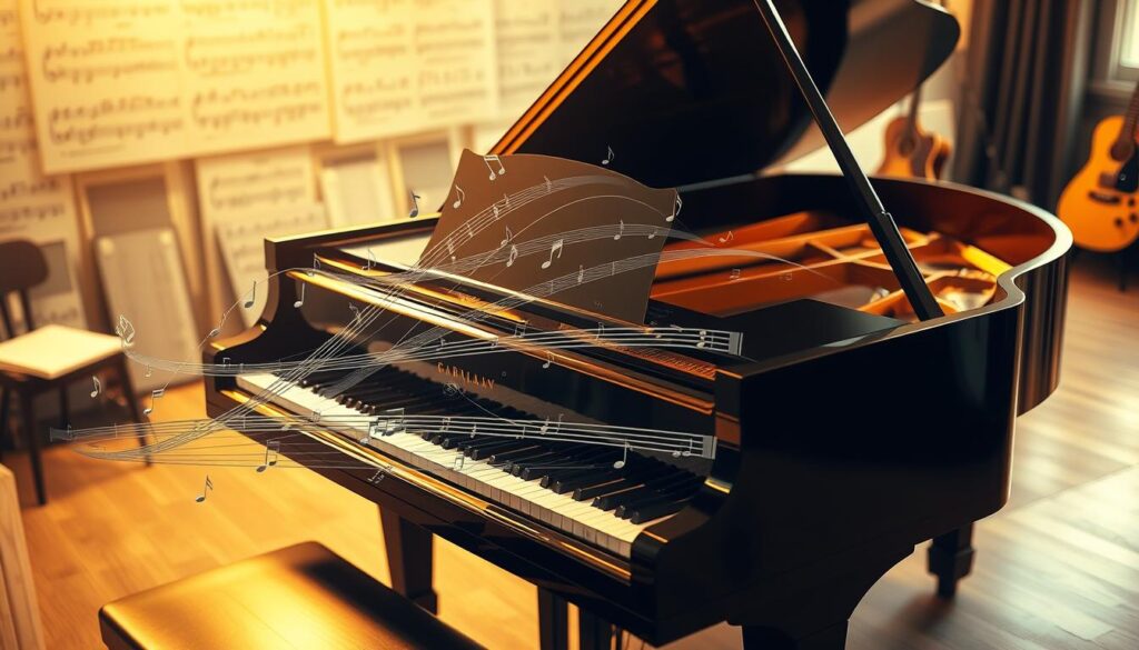 A grand piano sits center stage, its keys glimmering under warm, golden lighting. Arpeggiated musical notes dance across the keys, weaving together intricate chord progressions. Overlaying the piano, a transparent visualization of a piano staff emerges, displaying tonal ladders ascending and descending, their curves mirroring the pianist's movements. In the background, a soft, blurred backdrop of sheet music and musical instruments suggests a harmonious musical environment. The overall scene conveys a sense of harmony, rhythm, and the seamless integration of tonal scales and chord structures, perfectly illustrating the concept of "Toonladders koppelen aan akkoorden".
