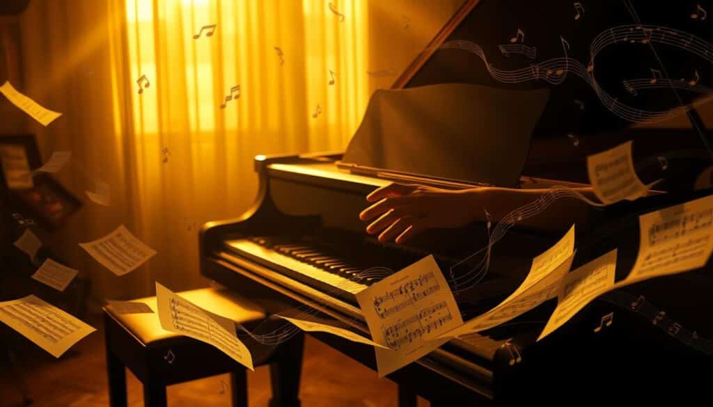 A grand piano sits in a dimly lit, cozy studio. Warm, golden lighting illuminates the keys, creating a inviting atmosphere. Cascading waves of sheet music and handwritten musical notations float in the foreground, hinting at the intricate compositions and improvisations taking place. In the middle ground, a pianist's hands gracefully dance across the keys, weaving complex chord progressions and flowing, expressive scales. The background is filled with a sense of motion and energy, with swirling lines and shapes representing the vibrant textures of advanced film score improvisation. An air of focus and creative inspiration permeates the scene.