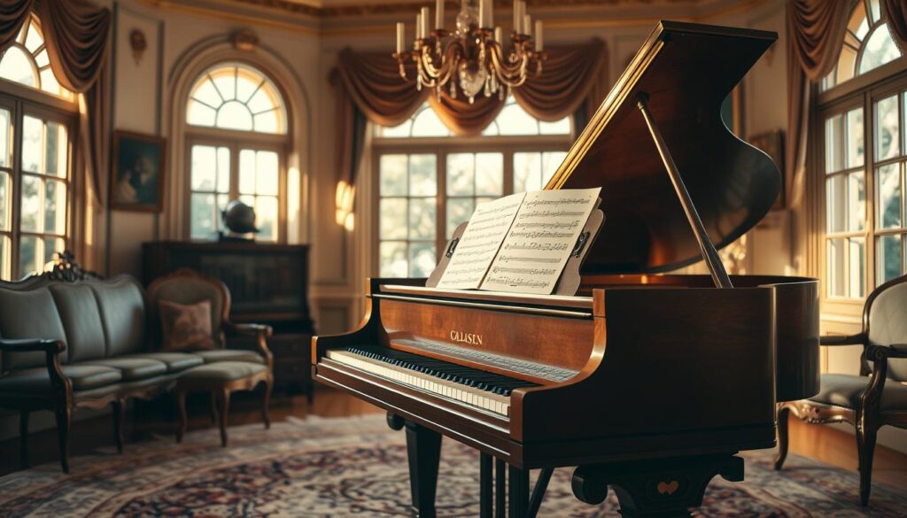 A grand piano sits in a serene, sunlit music room, its open sheet music revealing a classical score. The warm, wooden tones of the instrument are complemented by ornate, vintage-style furniture and a plush, patterned rug underfoot. Soft, diffused lighting filters through large windows, creating a cozy, inviting atmosphere. The piano's keys wait patiently, ready to be brought to life by skilled fingers, inspiring a new musician's journey into the world of classical piano. The sheet music, with its delicate, hand-written notes, represents the foundation upon which one can discover the beauty and complexity of timeless compositions.
