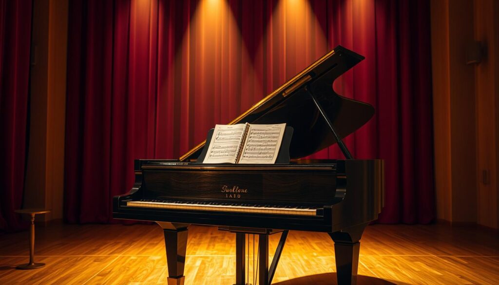 A grand piano stands center stage, its rich, ebony wood gleaming under warm, golden lighting. The pianist's hands gracefully flow between the keys, guiding the viewer's eye to the sheet music open before them. The piano's interior is visible, revealing the intricate mechanisms that produce the lush, resonant chords. In the background, a softly blurred curtain of burgundy velvet creates a sense of depth and intimacy, while the stage is illuminated from above, casting dramatic shadows and highlights. The overall mood is one of focused concentration and the effortless mastery of musical expression.