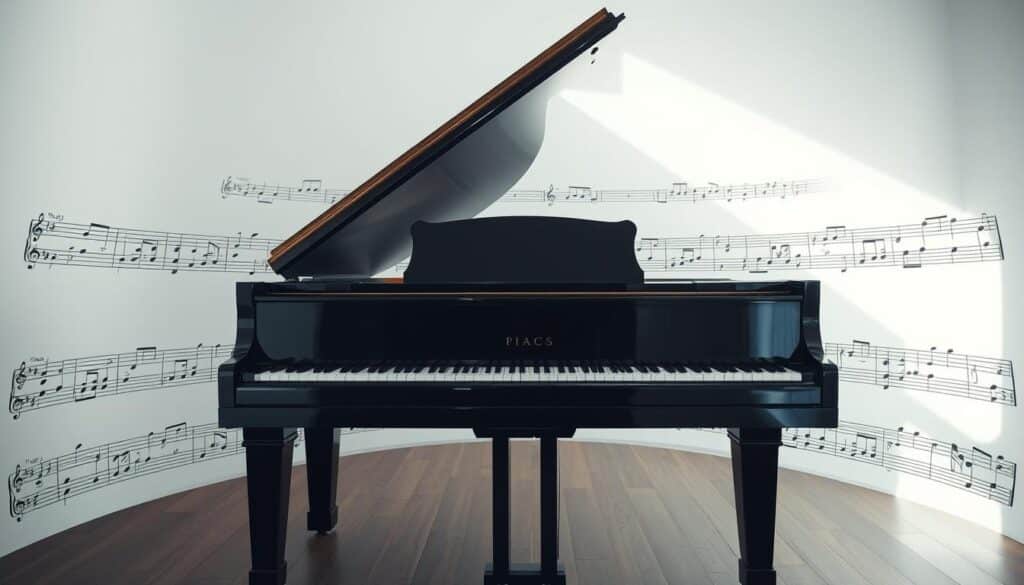 A grand piano stands in a bright, airy room, its polished ebony surface gleaming. Surrounding it are musical staves, each one depicting a major scale with accidentals - the sharp and flat symbols that form the familiar "keys" of the circle of fifths. The lighting is soft and diffuse, creating a serene, contemplative atmosphere. The camera angle is slightly elevated, allowing the viewer to appreciate the elegant, symmetrical layout of the scales, as if studying the structure and pattern that underpins the construction of all major keys. This image aims to visually encapsulate the essence of the article's section on navigating the major scales via the circle of fifths.