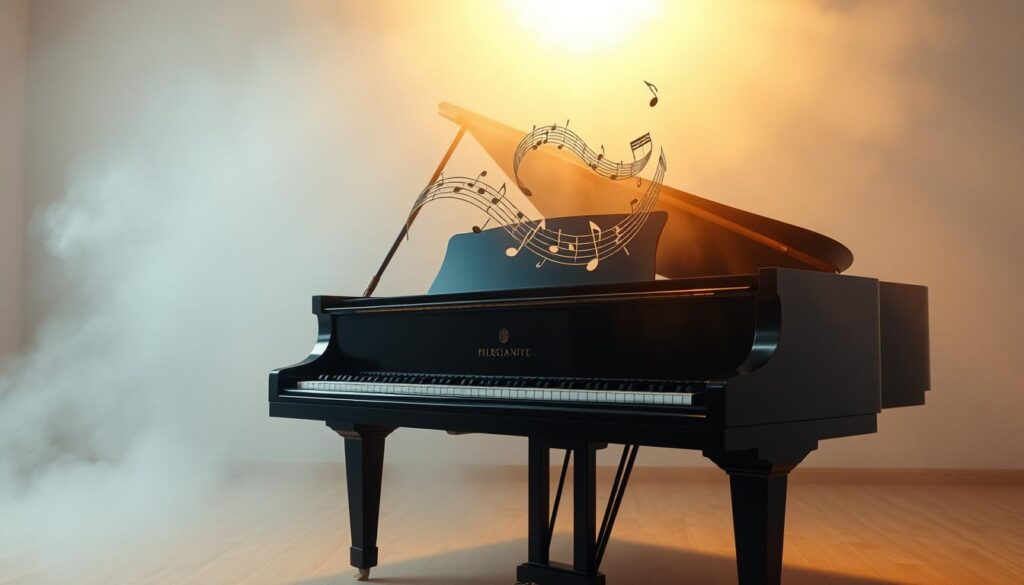 A grand piano stands in a softly lit studio, its glossy ebony surface reflecting the warm glow of a single spotlight overhead. Cascading from the keys, a melodic line dances through the air, notes swirling and intertwining to form a captivating musical tapestry. The pianist's fingers move with fluid grace, coaxing out a symphony of emotions as they explore the piano's expressive range. Surrounding the instrument, an ethereal, hazy atmosphere evokes a sense of contemplation and deep listening, inviting the viewer to immerse themselves in the musical experience.