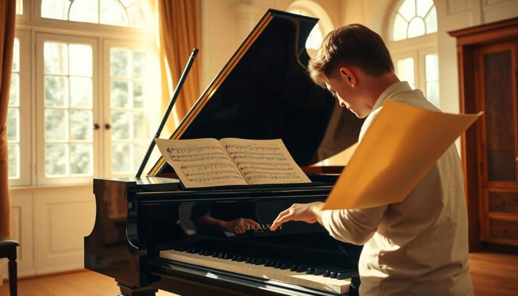 A grand piano stands prominently in a well-lit, inviting room. The pianist's hands hover gracefully over the keys, their eyes intently focused on the sheet music open before them. Soft, warm lighting filters in through large windows, casting a gentle glow on the musician's concentration. The piano's gleaming ebony exterior reflects the scene, creating an air of refinement and artistic pursuit. The surrounding space is uncluttered, allowing the viewer to fully immerse themselves in the act of reading musical notation and translating it to the instrument. An atmosphere of serene dedication and the joy of learning permeates the composition.