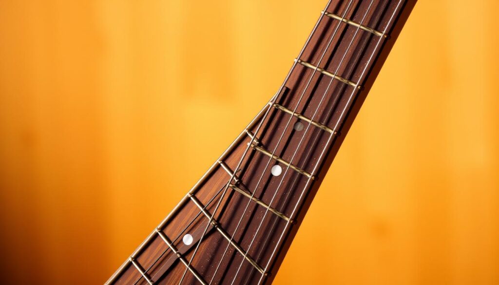 A guitar neck against a blurred, warm-toned background, showcasing the pentatonic scale in practice. The neck is positioned diagonally, highlighting the fretboard and the fingers playing the major and minor pentatonic patterns. Soft, directional lighting casts subtle shadows, emphasizing the contours of the instrument. The overall composition conveys a sense of focus and concentration, as if the viewer is learning the scale alongside the guitarist. The image should evoke a serene, educational atmosphere, suitable for illustrating a guitar lesson on the pentatonic scale.