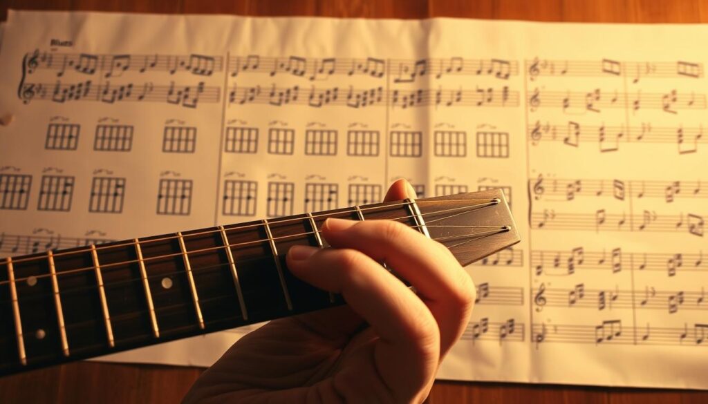 A guitar neck spanning the frame, frets and strings clearly visible. Behind it, a grid of blues chord changes, a musical staff with notes flowing upward. In the foreground, a hand effortlessly navigates the fingerboard, tracing pentatonic scales as they intertwine with the underlying harmony. Warm, vintage lighting casts a golden glow, evoking the classic vibe of blues improvisation. The entire scene is infused with a sense of fluidity and seamless integration between technique and theory, capturing the essence of "Toonladders en improvisatie boven het schema".