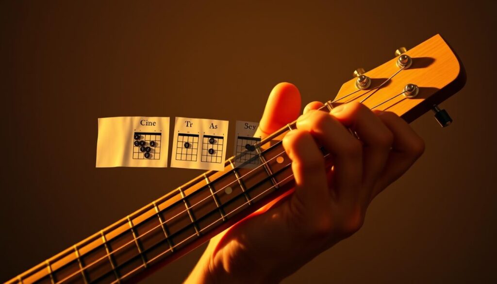 A guitar neck with a musician's hand gripping the frets, demonstrating a barre chord. The fingers are tense and strained, highlighting the difficulty of the maneuver. The guitar is illuminated by warm, golden lighting, casting shadows that accentuate the hand's position. In the middle ground, a series of guitar tabs and chord diagrams float, illustrating potential solutions to this common challenge. The background is softly blurred, creating a sense of focus on the central action. The overall mood is one of contemplation and problem-solving, inviting the viewer to engage with the subject matter.