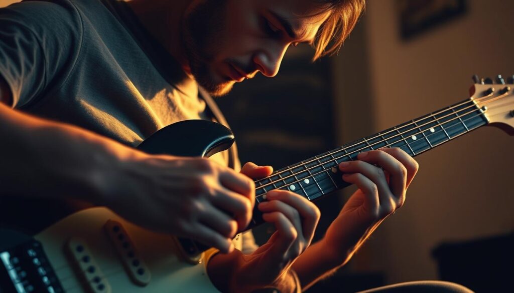 A guitarist intently practicing a solo, their fingers deftly moving across the fretboard, their face in deep concentration. The lighting is warm and focused, casting shadows that accentuate the rhythm and motion. The background is softly blurred, drawing the viewer's attention to the musician's hands and facial expression, capturing the essence of developing timing and rhythmic feel for a guitar solo. The composition is tight, emphasizing the player's commitment and the importance of this crucial aspect of mastering a solo performance.