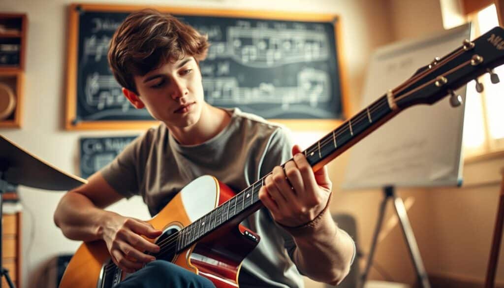 A guitarist sits focused during a music lesson, their fingers gracefully moving across the fretboard. The studio is bathed in warm, natural light, casting a mellow glow on the scene. In the background, a chalkboard or whiteboard displays musical notations, hinting at the theoretical foundations being explored. The student's expression is one of deep concentration, as they navigate the interplay of theory and practical application, seeking to translate their knowledge into a meaningful musical result. The overall atmosphere conveys a sense of dedication, exploration, and the pursuit of mastery in the art of guitar performance.