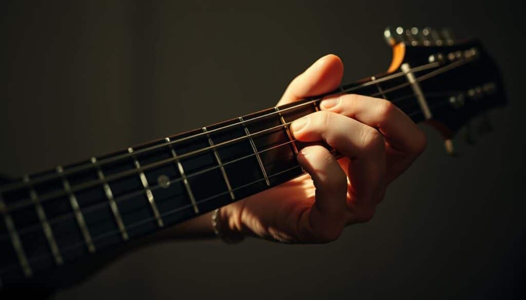 A guitarist's hand masterfully navigating the fretboard, transitioning from the pentatonic box to seamless, virtuosic halsbeheersing. The image captures the essence of effortless fretboard control, with the guitar neck rendered in intricate detail. Soft, dramatic lighting casts shadows that accentuate the guitarist's dexterous fingering, evoking a sense of focus and determination. The background is blurred, placing the viewer's attention squarely on the guitarist's hands and the instrument, conveying the intense concentration required to achieve this level of technical mastery. The overall mood is one of artistic dedication and the pursuit of musical excellence.