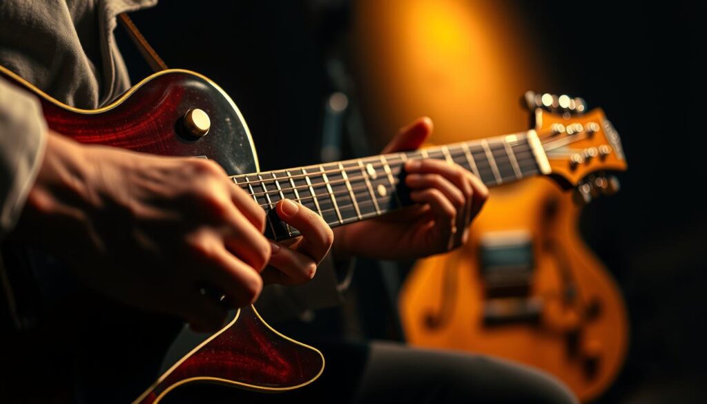 A jazz guitar masterclass, with the guitarist's nimble fingers dancing across the fretboard. In the foreground, a close-up of the hands skillfully navigating complex chord progressions, the fingers pressing down on the strings with precision. In the middle ground, the guitar itself, its polished body and sleek design reflecting the warm lighting. In the background, a moody, atmospheric studio setting, with shadows and highlights creating a sense of depth and drama. The overall mood is one of focus, expertise, and the subtle, understated elegance of the jazz guitar tradition.