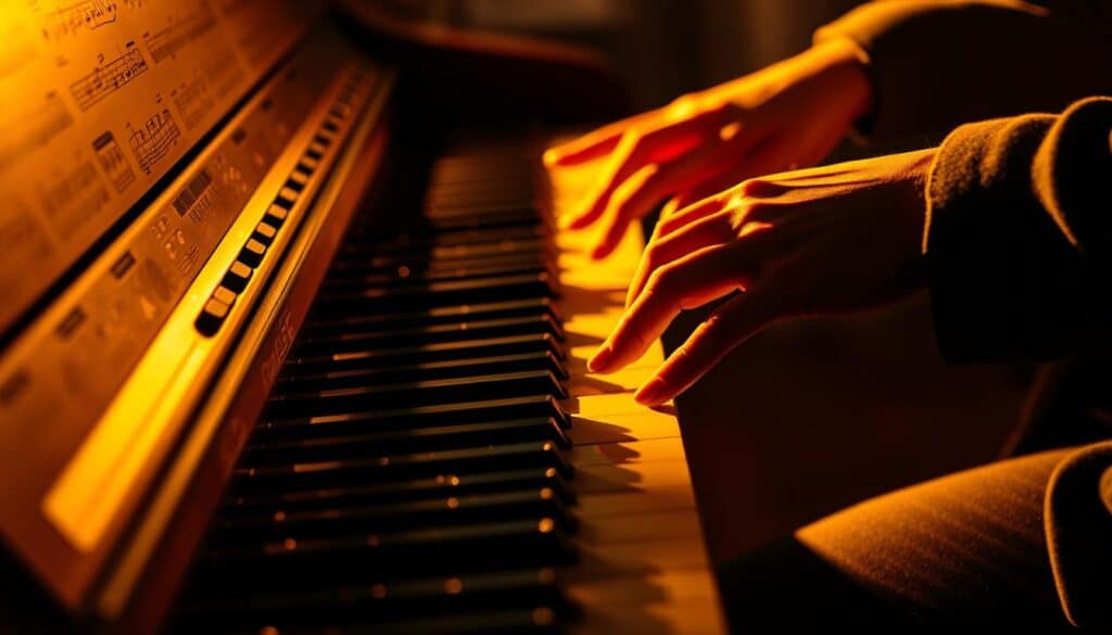 A jazz pianist's hands gracefully dance across the keys, creating a rhythmic interplay of chords and melodies. The scene is illuminated by warm, golden lighting, casting a cozy, intimate atmosphere. The piano's hammers strike the strings with precision, generating a lush, textured sound that fills the air. The player's movements are fluid and measured, showcasing their mastery of timing, touch, and two-handed coordination. The overall composition suggests a sense of creative exploration and musical discovery, perfectly capturing the essence of improvising in a jazz piano lesson.