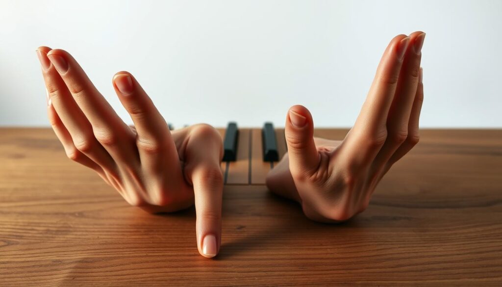 A meticulously crafted studio shot of piano hand exercises, featuring a close-up view of hands and fingers performing various finger independence and coordination techniques. The hands are positioned on a wooden surface, with a clean, minimalist background that allows the subject to take center stage. Soft, directional lighting emphasizes the delicate movements and muscle control, creating a sense of focus and attention to detail. The composition highlights the intricate finger positioning and articulation, showcasing the tools and strategies used to develop dexterity and independence during piano practice.