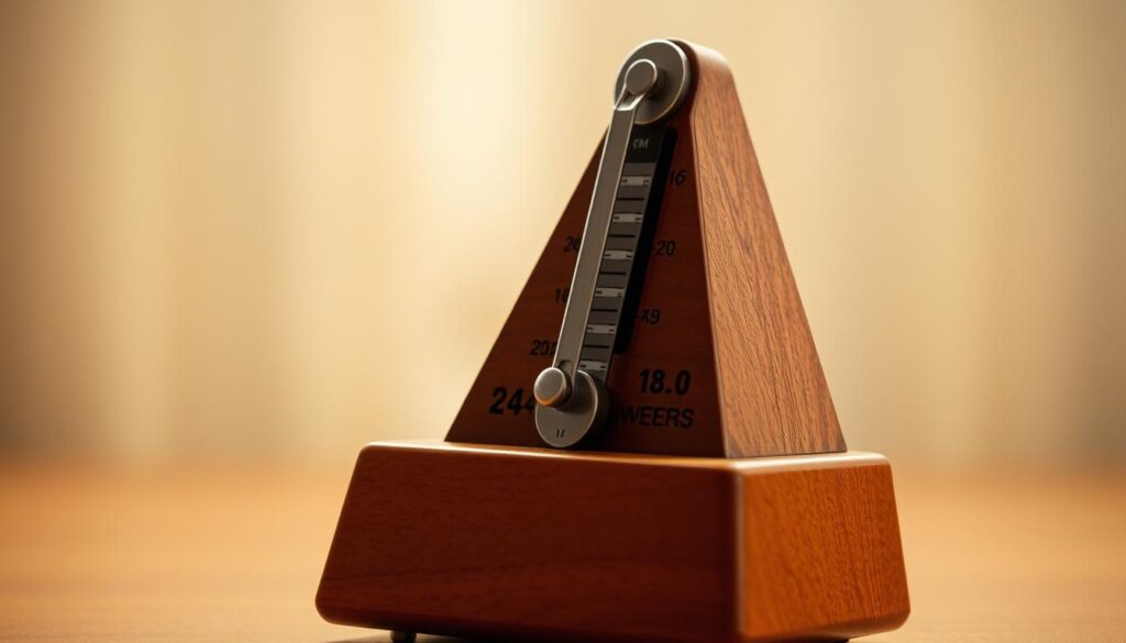 A metronome pulsing with a steady beat, its pendulum swinging with a mesmerizing rhythm. The light casts a warm glow, illuminating the smooth wooden body and the metal components that tick in perfect time. The scene evokes a sense of focus and discipline, a visual representation of the importance of timing and feel in pop music improvisation. The background is softly blurred, drawing the eye to the central metronome, a tool that grounds the pianist in the rhythm and tempo needed to unlock their improvisational potential.