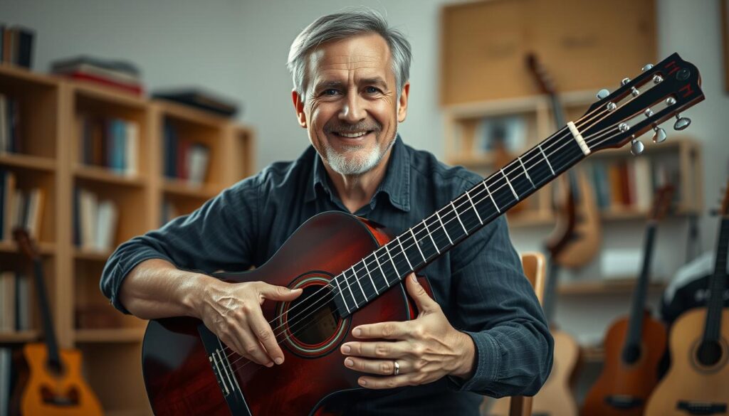 A middle-aged man with a warm, friendly expression sits on a wooden chair, holding a classical Spanish guitar in his hands. The guitar's dark, polished body reflects the soft, indirect lighting in the room, creating a cozy, inviting atmosphere. The man's fingers are delicately positioned on the strings, as if he is about to play a melodic passage. The background is blurred, with hints of bookshelves and musical instruments, suggesting an educational setting, such as a music studio or classroom. The overall scene conveys a sense of passion, expertise, and a deep connection between the man and the instrument.