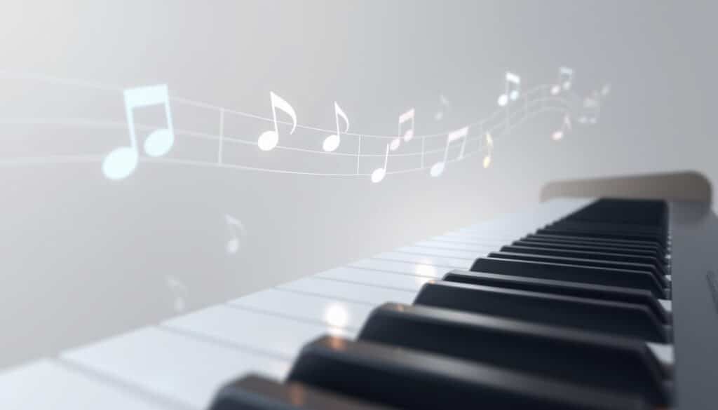 A minimalist, photorealistic digital illustration of a piano keyboard with a set of musical chords and melodies floating above it. The chords are displayed as semi-transparent, glowing shapes in soft pastel hues, while the melodies appear as delicate, pulsating lines tracing intricate musical patterns. The keyboard is rendered in a muted, monochromatic palette, allowing the musical elements to take center stage. The composition is balanced and symmetrical, with a sense of depth and perspective creating the impression of a serene, contemplative atmosphere. Soft, diffused lighting from an unseen source enhances the ethereal quality of the scene, inviting the viewer to engage with the musical concepts on display.