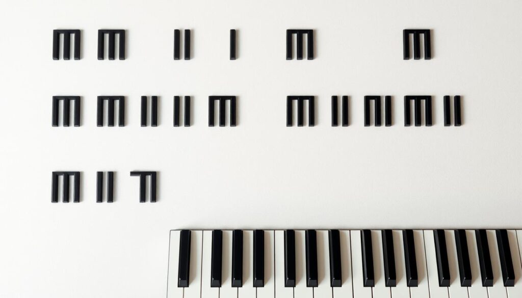 A minimalist piano keyboard against a neutral background, showcasing a series of piano chords progressions and patterns. The chords are rendered in a clean, precise style, with crisp shadows and highlights accentuating their three-dimensional forms. The layout is structured and organized, conveying a sense of harmony and musical theory. The lighting is soft and natural, creating a serene, contemplative atmosphere. The overall composition is balanced and visually appealing, perfectly illustrating the "progressions and patterns that always work" in piano improvisation.