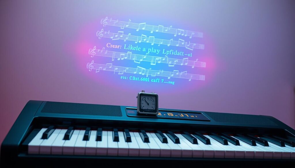 A modern digital piano with a sleek, minimalist design stands in the foreground, its keys illuminated with a soft, ambient glow. Resting on the piano's surface is a metronome, its rhythmic ticking visible through a translucent casing. In the middle ground, a vibrant, holographic display projects a series of musical scales, their notes cascading in a mesmerizing visual symphony. The background is filled with a serene, gradient-rich environment, evoking a sense of calm and focus, perfect for a focused piano practice session. The overall scene captures the seamless integration of traditional and digital tools, creating a harmonious and visually captivating workspace for the modern pianist.