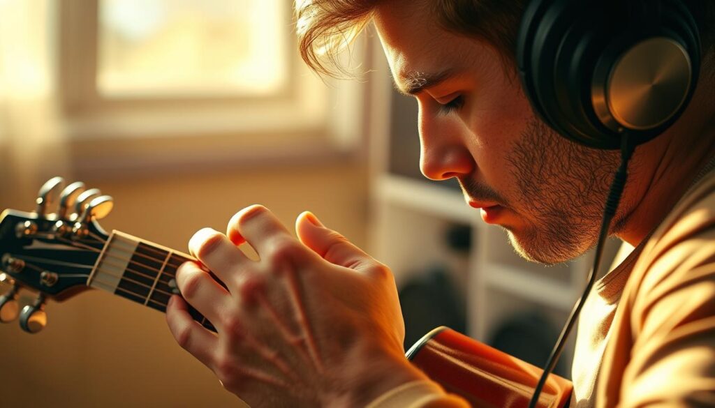 A musician intently listening, headphones on, as they study the fretboard of an acoustic guitar, tracing the notes and chords with their fingers. The scene is bathed in warm, natural lighting, casting a focused, pensive atmosphere. The background is blurred, drawing the viewer's attention to the player's deep concentration as they work to recognize chord structures by ear. The image conveys the process of developing the crucial skill of aural chord identification, a essential technique for any musician seeking to advance their musical understanding and playing abilities.