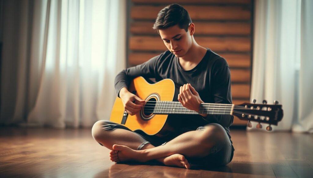 A musician sitting cross-legged on a hardwood floor, intently focused on a classical guitar in their hands. Warm, soft lighting illuminates their face as they listen closely, fingers poised to play. The background is blurred, creating a serene, meditative atmosphere conducive to the process of learning and honing one's skills. The scene conveys a sense of dedication, patience and the gradual, step-by-step journey from listening to mastering the instrument.