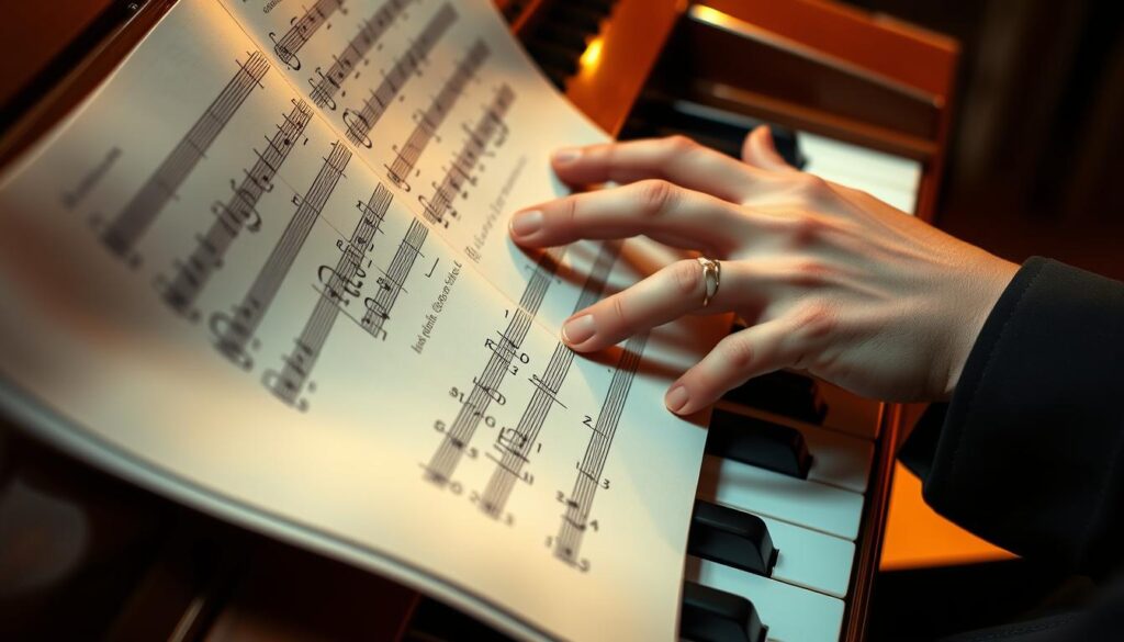 A musician's hands gracefully playing piano chords on a sheet of music, with the right hand's melody notes highlighted. The chords and melody are clearly visible, allowing the viewer to understand the practical context of developing right-hand dexterity during piano lessons. The lighting is warm and focused, creating a sense of concentration and study. The camera angle is slightly elevated, providing a clear view of the hands and sheet music. The overall atmosphere is one of focused practice and skill-building, reflecting the subject of the article section.