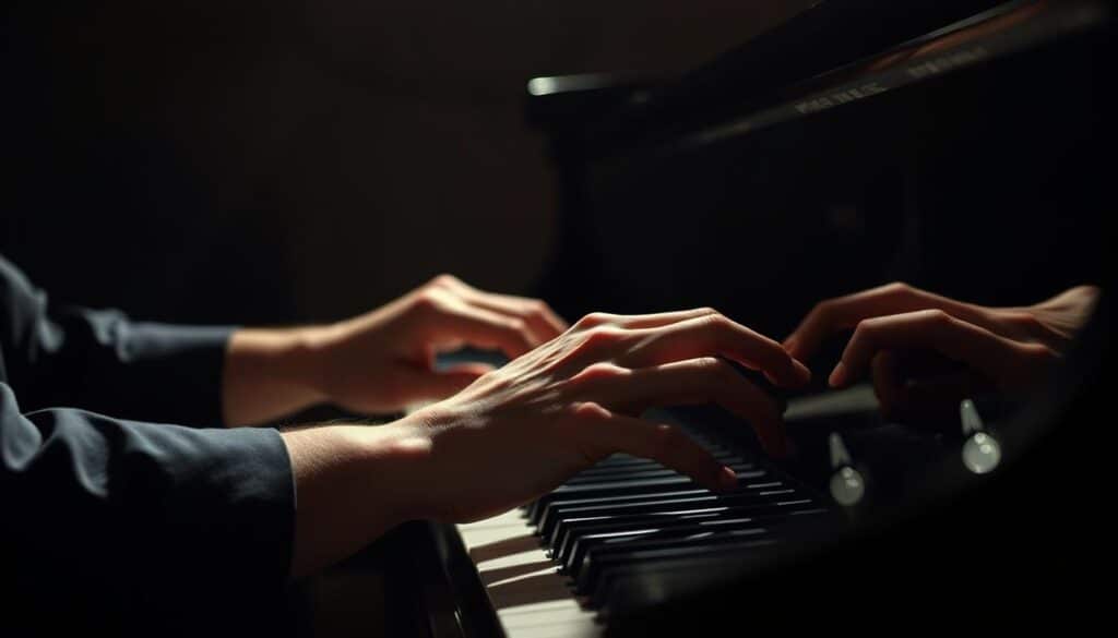 A musician's hands skillfully playing a bassline rhythm on a grand piano, captured in a dramatic chiaroscuro lighting with strong contrast and shadows. The foreground shows the pianist's hands moving across the keys, their fingers nimble and precise as they create a pulsing, syncopated bass pattern. The middle ground features the grand piano's polished, ebony body, the keys glistening under the dramatic illumination. The background is softly blurred, emphasizing the focus on the hands and the instrument. The overall mood is one of intense focus and concentration, highlighting the dexterity and coordination required to master this fundamental musical technique.