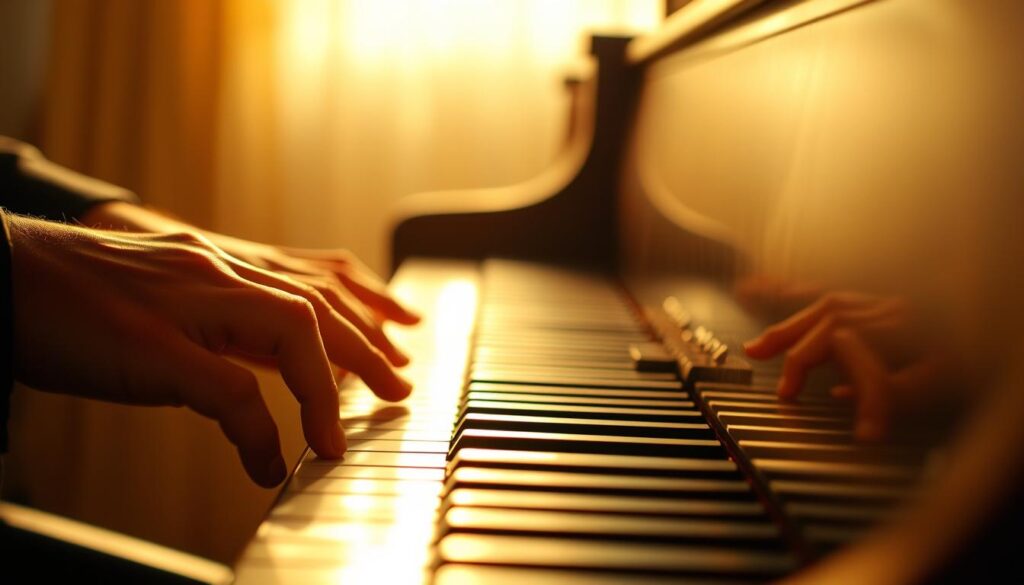 A musician's hands, the left gripping piano keys, the right poised to strike chords, creating a harmonious interplay. The scene is bathed in warm, golden light, casting a soft, inviting glow. The perspective is slightly elevated, allowing the viewer to witness the intricate dance of fingers upon ivory, as the pianist explores the depths of musical theory and improvisation. The background is subtly blurred, keeping the focus on the hands, the instruments, and the connection between mind, body, and sound. This image captures the essence of the article's section, conveying the transition from conceptual knowledge to practical application, with the piano serving as the canvas upon which the pianist's creativity unfolds.