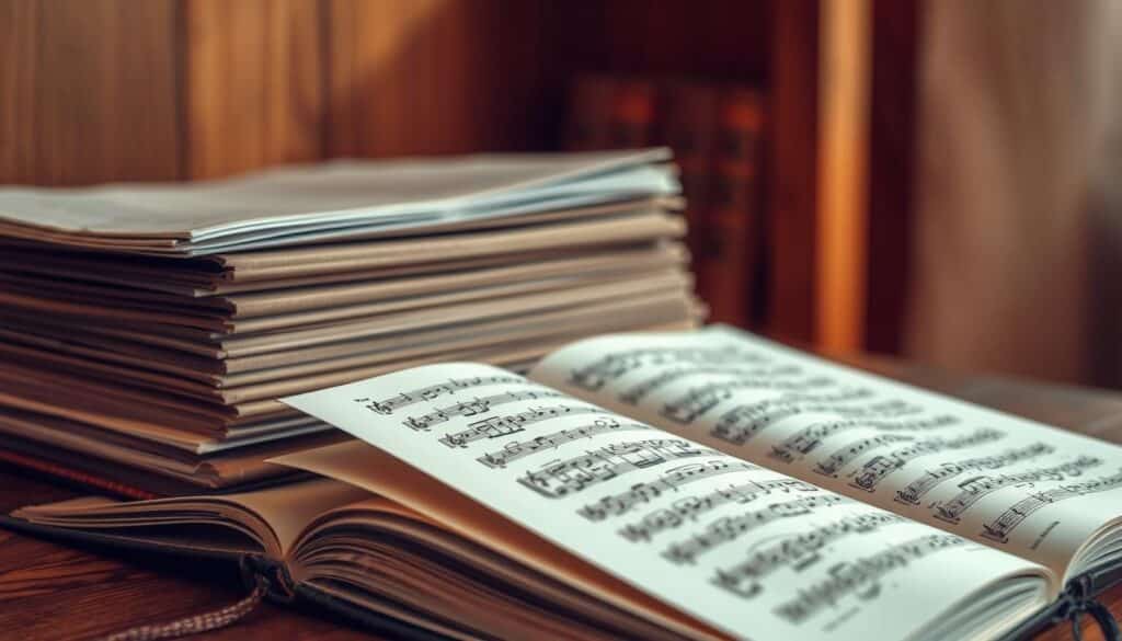 A neatly arranged composition of various sheet music books and scores, resting on a wooden surface. The foreground features an open book with delicate musical notes visible, conveying the essence of classical piano compositions. In the middle ground, a stack of sheet music books in earthy tones, representing a diverse collection of piano repertoire. The background showcases a softly blurred, warm-toned wooden bookshelf, creating a cozy and inviting atmosphere for this musical scene. Subtle, natural lighting highlights the textures and details, lending a sense of authenticity and craftsmanship to the overall image.