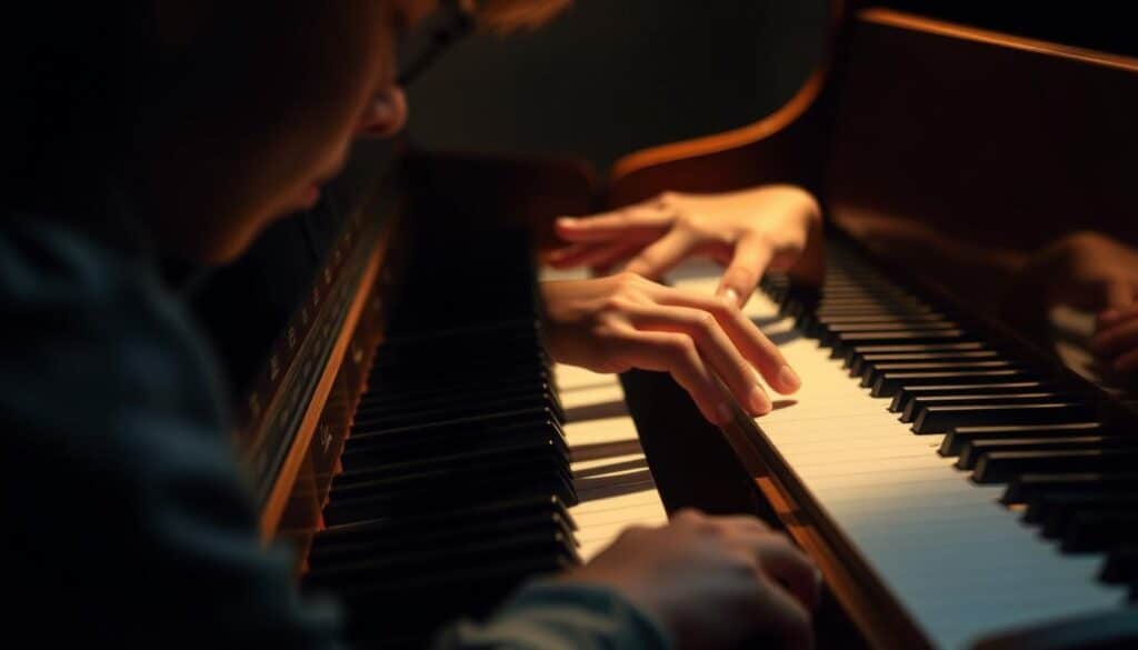 A pianist's fingers dancing gracefully across the piano keys, the gentle curve of their wrists guiding the flowing melody. Soft, muted lighting casts a warm glow, casting dramatic shadows that accentuate the piano's intricate details. The player's face is obscured, focusing the attention on the instrument and their expressive hands as they improvise, discovering new harmonies and rhythms. The scene evokes a sense of focused concentration and the joy of spontaneous musical discovery, perfectly capturing the spirit of a beginner pianist exploring the art of improvisation.