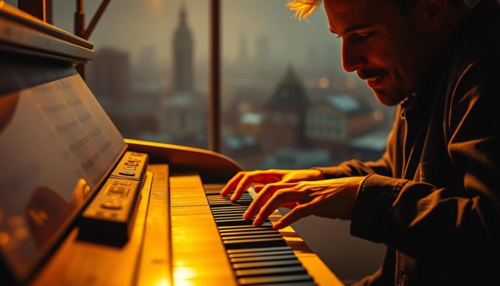 A pianist's hands confidently dancing across the piano keys, improvising a melodic jazz riff with effortless precision. The scene is bathed in a warm, golden light, creating a cozy, contemplative atmosphere. The piano's surface reflects the player's focused gaze, their expression one of deep concentration and creative flow. In the background, a hazy, blurred cityscape suggests an urban setting, hinting at the broader context of musical exploration and self-expression. The composition emphasizes the pianist's hands and facial features, drawing the viewer's attention to the process of spontaneous musical creation.