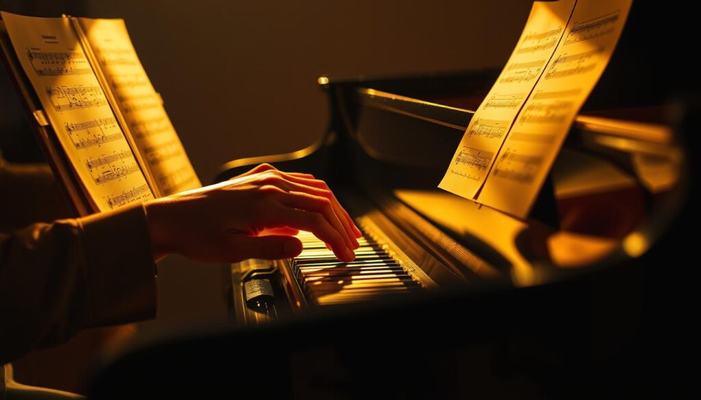 A pianist's hands elegantly gliding across a grand piano, the sheet music before them bathed in warm, golden light. The keys dance beneath their fingers as they interpret the musical score, the piano's rich timbre filling the intimate studio space. Soft shadows accentuate the player's focused expression, their gaze intent on the page. The piano's polished ebony surface reflects the scene, creating a sense of depth and harmony. Carefully positioned lighting casts dramatic shadows, adding depth and drama to the composition. The overall atmosphere is one of serene concentration and artistic expression.