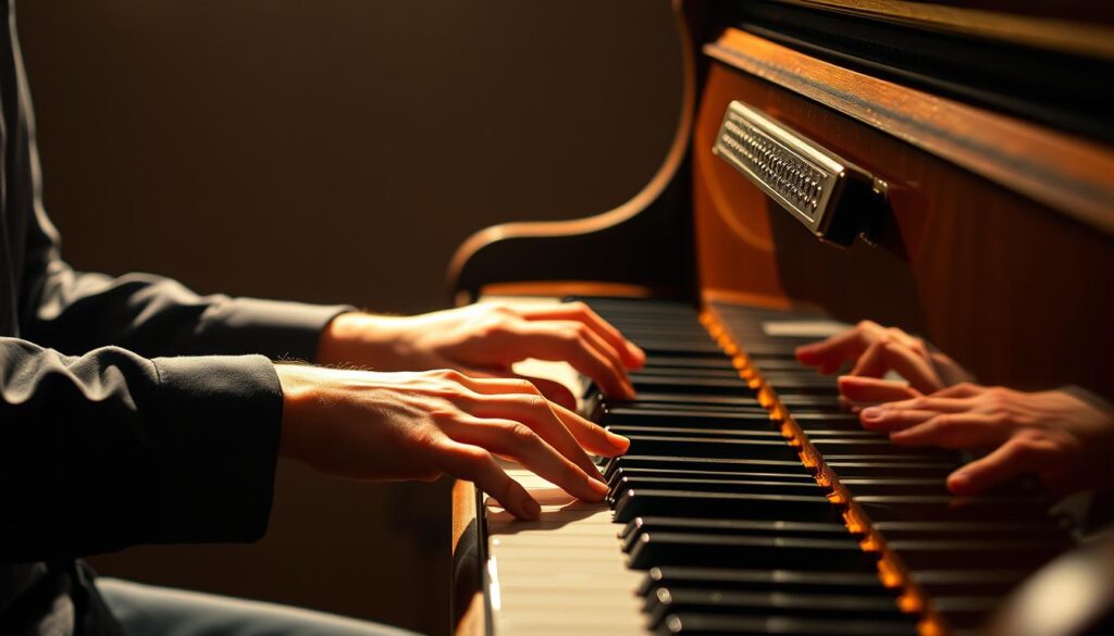 A pianist's hands flowing gracefully over the keys, fingers articulating each note with precision. The rhythm pulsing with energy, the dynamics swelling and receding like ocean waves. The piano's warm, resonant tones fill the air, creating a captivating interplay of rhythm, articulation, and dynamic expression. Soft lighting from above casts a gentle glow, highlighting the pianist's focused concentration and the piano's intricate mechanisms. The scene evokes a sense of dedication, discipline, and the pursuit of musical mastery.