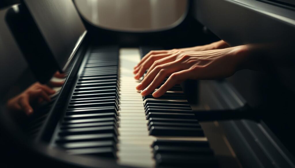 A pianist's hands gracefully flowing across a piano keyboard, meticulously practicing a minor scale. The fingers move with precision, each note clear and intentional, as the musician focuses intently on the task at hand. The keyboard is well-lit, casting soft shadows that accentuate the hand movements. The background is slightly blurred, keeping the attention on the central action. The mood is one of concentration and dedication, with a sense of calm focus pervading the scene. The overall composition emphasizes the technical mastery and discipline required to master the minor scale on the piano.