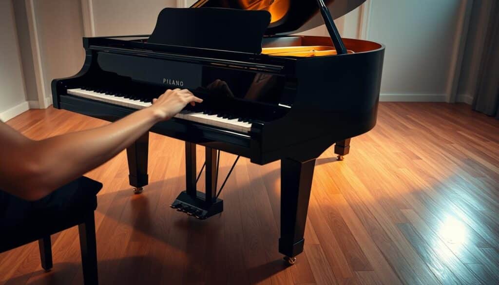A pianist's hands improvising effortlessly on a sleek black grand piano, the warm glow of stage lighting casting a soft spotlight. The keys move fluidly as chords and melodies intertwine, capturing the essence of dynamic, expressive pop music improvisation. The piano's reflection shimmers on a polished hardwood floor, surrounded by a minimalist, contemporary studio setting with clean lines and neutral tones. The atmosphere is one of focused creativity and musical flow, inviting the viewer to immerse themselves in the process of spontaneous piano improvisation.