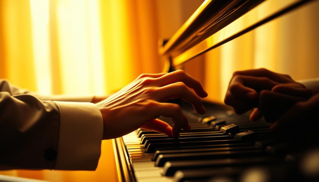 A pianist's hands interlocked, the left gracefully sweeping across the keys, the right deftly accentuating the melody. The scene is bathed in warm, golden light, creating a serene and contemplative atmosphere. The piano's polished ebony finish reflects the hands' movements, emphasizing the coordination and precision required. The perspective is slightly elevated, drawing the viewer into the intimate dance between the musician's limbs as they navigate the complex rhythms and harmonies of the blues improvisation.