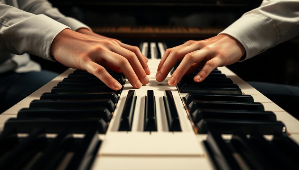 A piano keyboard fills the frame, its black and white keys standing in sharp contrast. Atop the keys, two sets of hands - one on the left, one on the right - are deftly navigating the tones, their fingers dancing in parallel motion up and down the scales. The lighting is soft and diffused, creating a warm, focused atmosphere that highlights the delicate interplay of the hands. The perspective is slightly elevated, giving a bird's-eye view of the pianist's technique. The overall scene conveys a sense of practice, precision, and the disciplined mastery of the fundamental building blocks of piano playing.