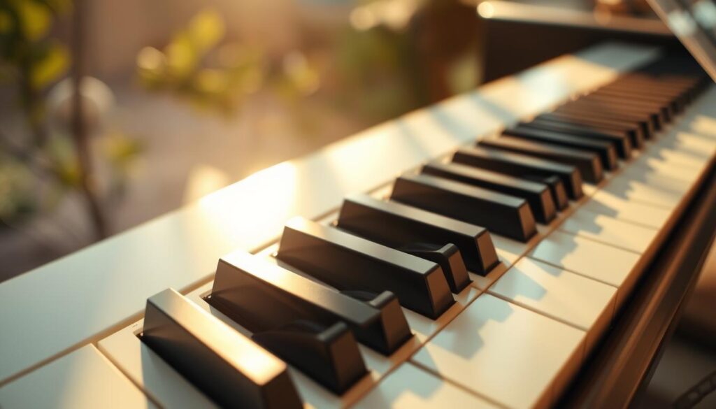 A piano keyboard in a well-lit, natural setting, with a focus on the first few keys. The camera angle should be slightly elevated, capturing the keys from an overhead perspective. The keys should be clearly visible, with a crisp, clean appearance, and the surrounding environment should be softly blurred, creating a sense of depth and focus on the keys. The lighting should be warm and inviting, casting gentle shadows and highlights on the keys, conveying a serene and educational atmosphere. The image should evoke a sense of clarity and simplicity, guiding the viewer's attention to the starting point of the piano scale.