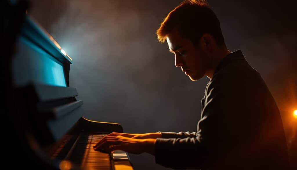 A piano player sitting at the instrument, their hands poised over the keys, lost in a moment of expressive improvisation. The player's face is illuminated with a warm, focused glow, their eyes closed, brow furrowed, as they channel their emotions through the music. The piano is bathed in a soft, diffused light, creating a sense of intimacy and introspection. The background is blurred, drawing the viewer's attention to the player's hands and the intense, immersive experience of spontaneous musical creation. The overall mood is one of deep concentration, creativity, and emotional resonance.