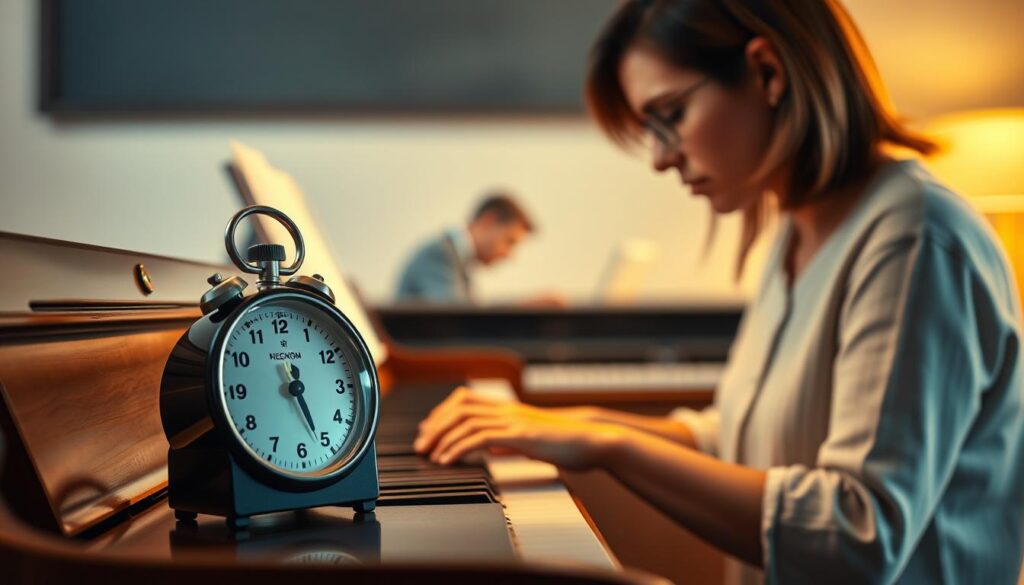 A piano teacher diligently keeping time with a metronome, their focused gaze fixed on the instrument. The scene is illuminated by warm, diffused lighting, creating a serene, contemplative atmosphere. The metronome sits prominently in the foreground, its rhythmic ticking echoing the measured movements of the teacher's hands as they guide a student through a practice session. In the middle ground, the piano keyboard and the teacher's profile are visible, the lesson unfolding in a quiet, dedicated space. The background is softly blurred, suggesting a studio or classroom setting, the space designed to foster concentration and growth. The overall impression is one of intentional practice, discipline, and the nurturing of musical mastery.